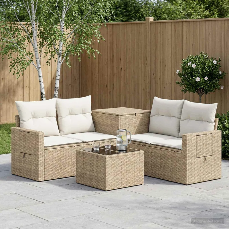 Soffset 6 st Beige och krämvit Poly Rattan och stål