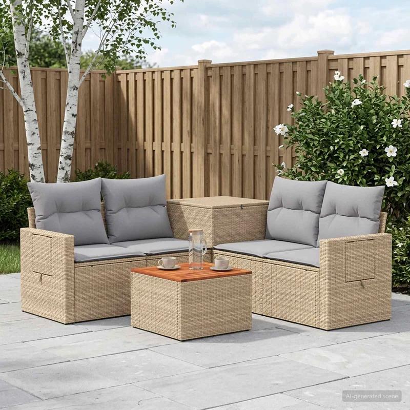 Soffset 6 st Beige och Ljusgrå Poly Rattan och stål