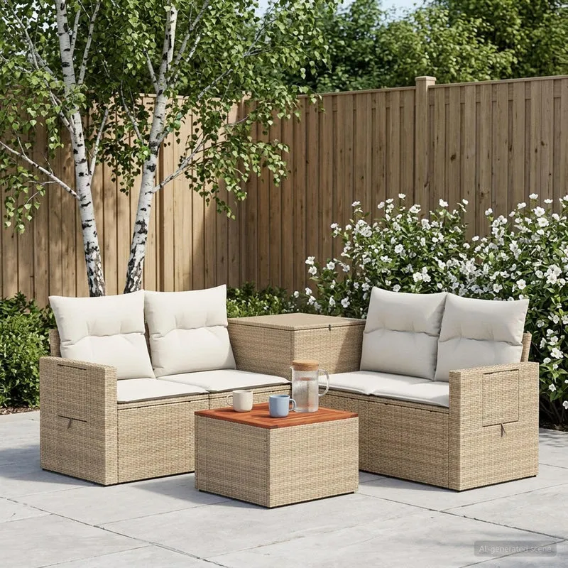 Soffset 6 st Beige och krämvit Poly Rattan och stål