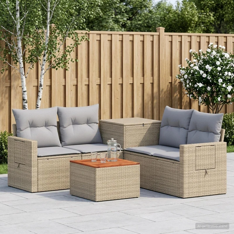 Soffset 6 st Beige och Ljusgrå Poly Rattan och stål