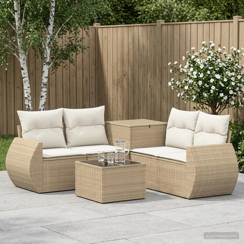 Soffset 6 st Beige och krämvit Poly Rattan och stål