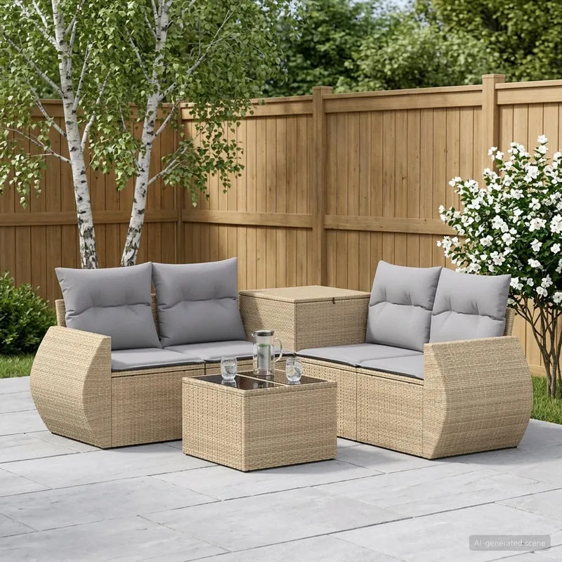 Soffset 6 st Beige och Ljusgrå Poly Rattan och stål