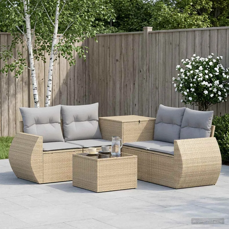 Soffset 6 st Beige och Ljusgrå Poly Rattan och stål