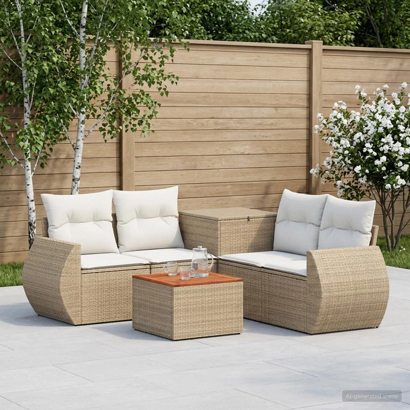 Soffset 6 st Beige och krämvit Poly Rattan och stål