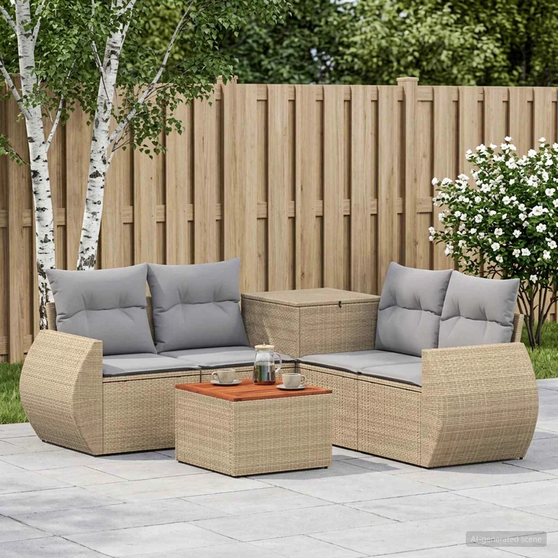 Soffset 6 st Beige och Ljusgrå Poly Rattan och stål