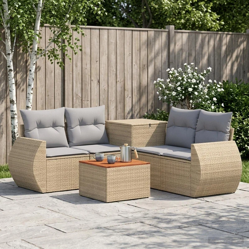 Soffset 6 st Beige och Ljusgrå Poly Rattan och stål