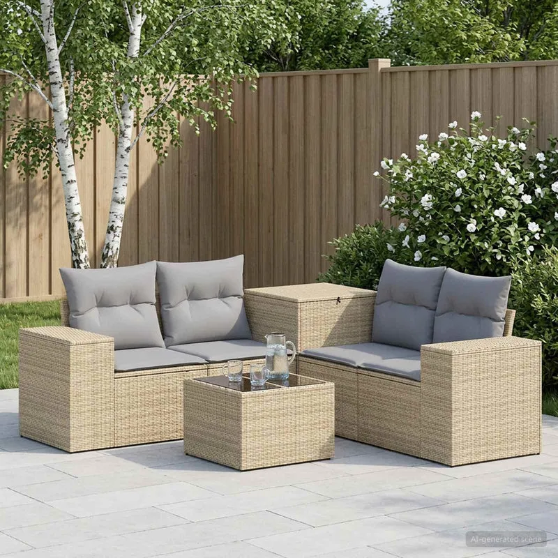 Soffset 6 st Beige och Ljusgrå Poly Rattan och stål
