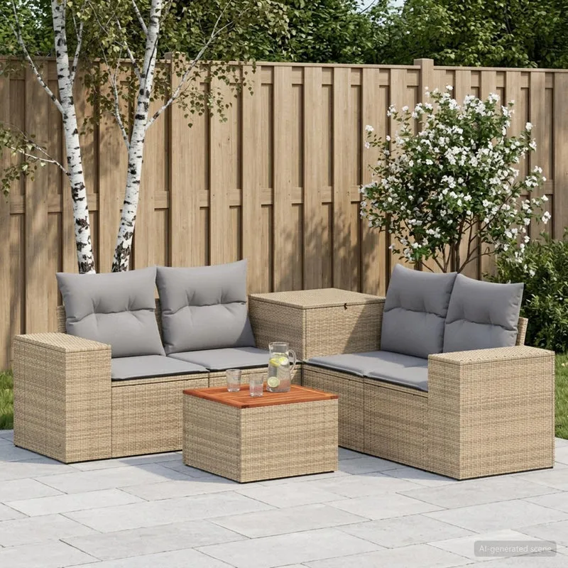 Soffset 6 st Beige och Ljusgrå Poly Rattan och stål