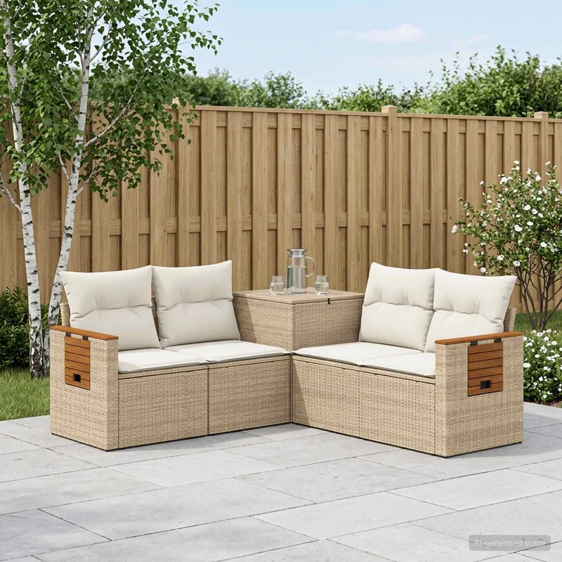 Soffset 5 st Beige och krämvit Poly Rattan och stål