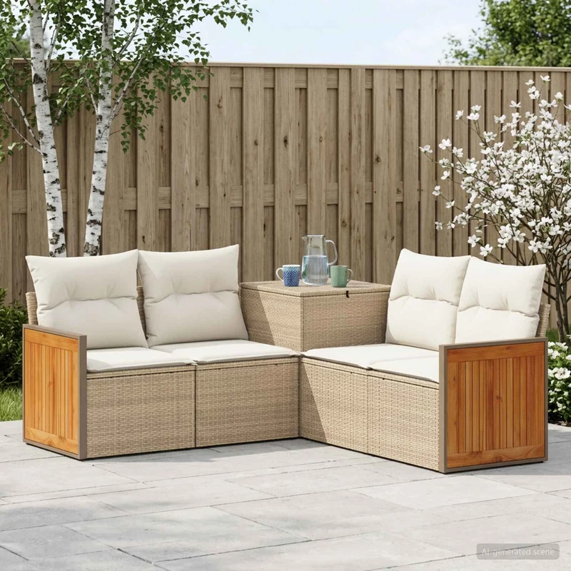 Soffset 5 st Beige och krämvit Poly Rattan och stål