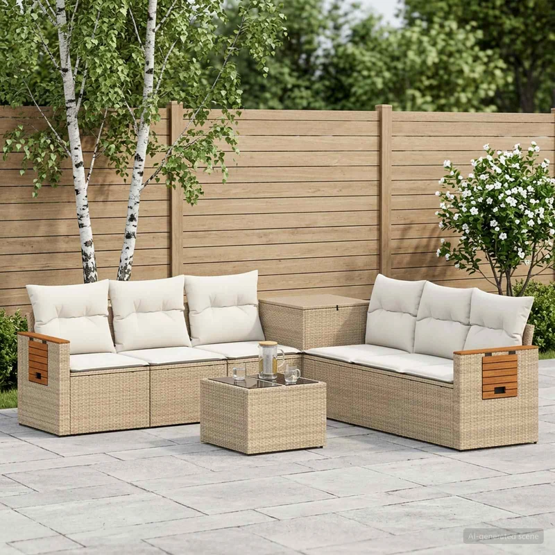 Soffset 8 st Beige och krämvit Poly Rattan och stål