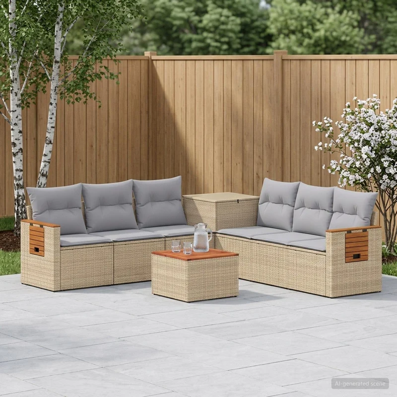 Soffset 8 st Beige och Ljusgrå Poly Rattan och stål