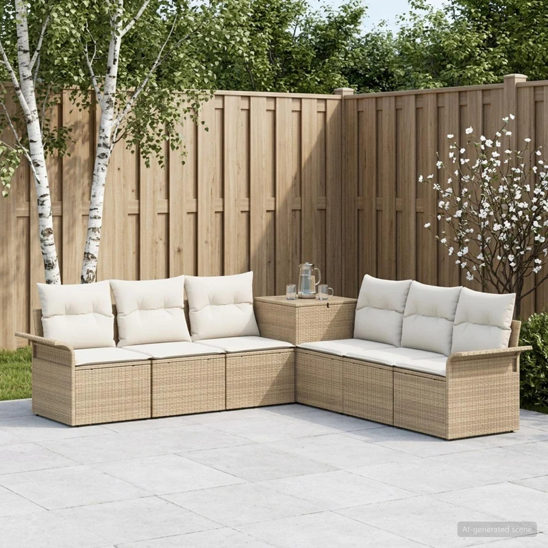 Soffset 7 st Beige och krämvit Poly Rattan och stål
