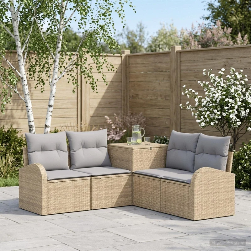 Soffset 5 st Beige och Ljusgrå Poly Rattan och stål