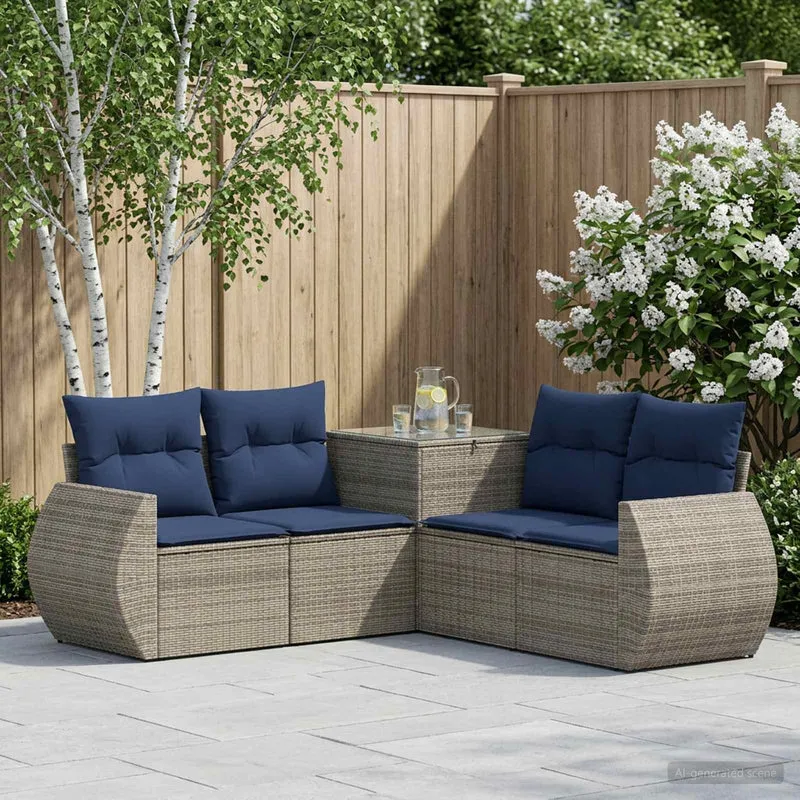 Soffset 5 st Grå och Marinblå Poly Rattan och stål