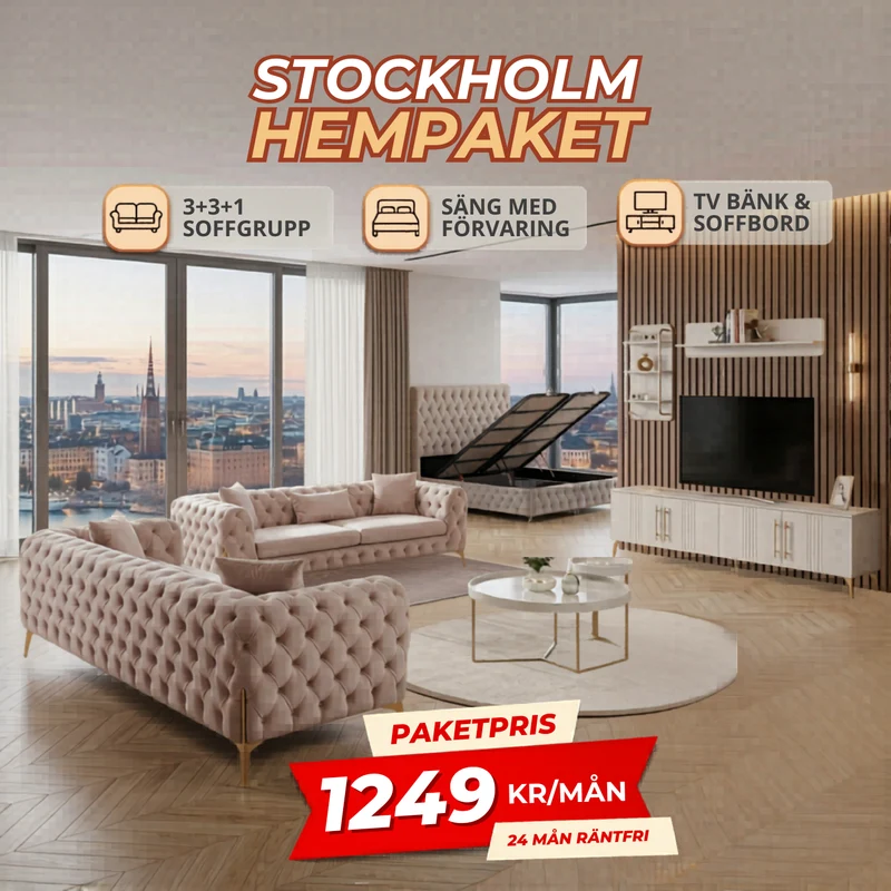1️⃣ Stockholm HemPaket (Soffgrupp – TV-bänk – Soffbord – Säng med förvaring)