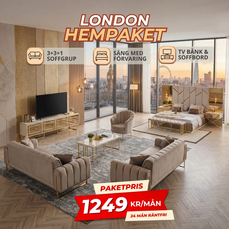 9️⃣ London HemPaket (Soffgrupp – TV-bänk – Soffbord – Säng med förvaring)