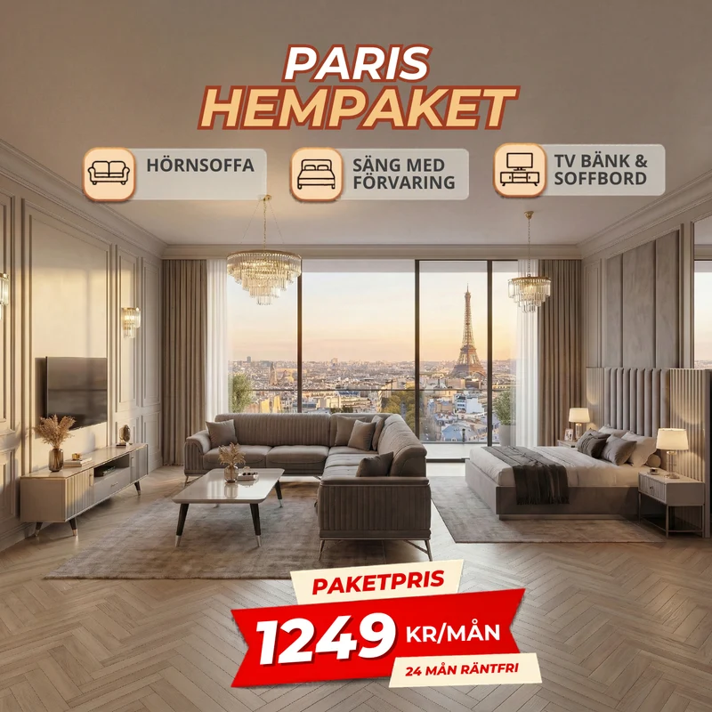 8️⃣ Paris HemPaket (Hörnsoffa – TV-bänk – Soffbord – Säng med förvaring)