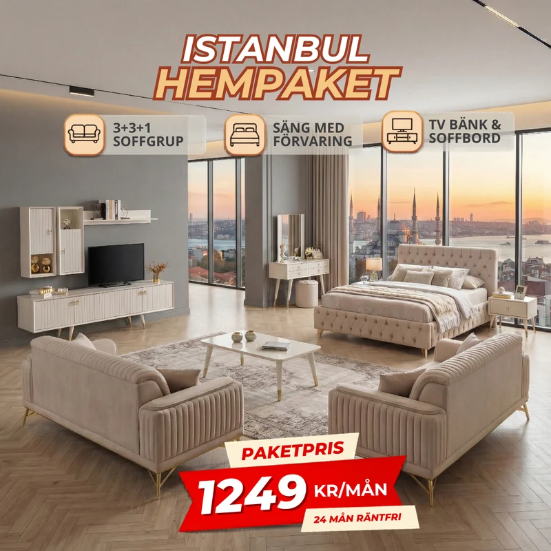 7️⃣ Istanbul HemPaket (Soffgrupp – TV-bänk – Soffbord – Säng med förvaring)