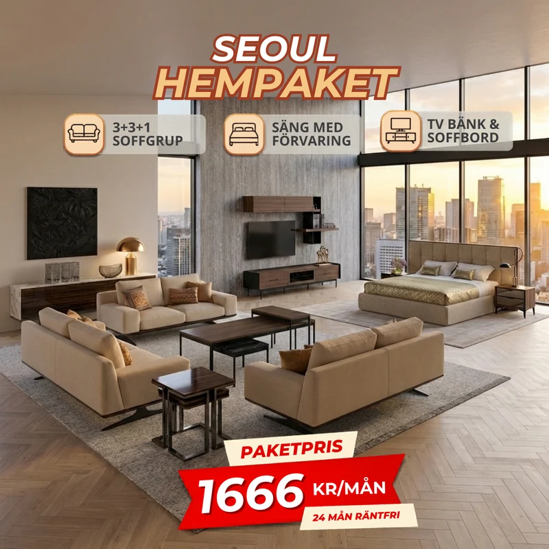 1️⃣6️⃣ SEOUL HemPaket (Soffgrupp 3+3+1 / 3+2+1 – TV-bänk med överdel – Soffbord – Säng med förvaring)
