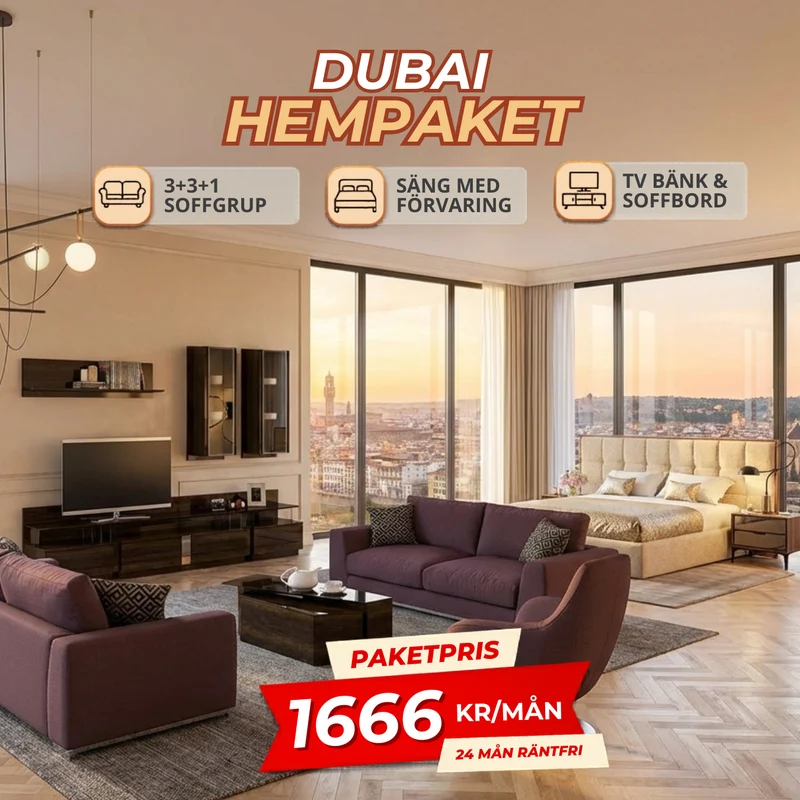 1️⃣5️⃣ DUBAI HemPaket (Soffgrupp 3+3+1 / 3+2+1 – TV-bänk med överdel – Soffbord – Säng med förvaring)