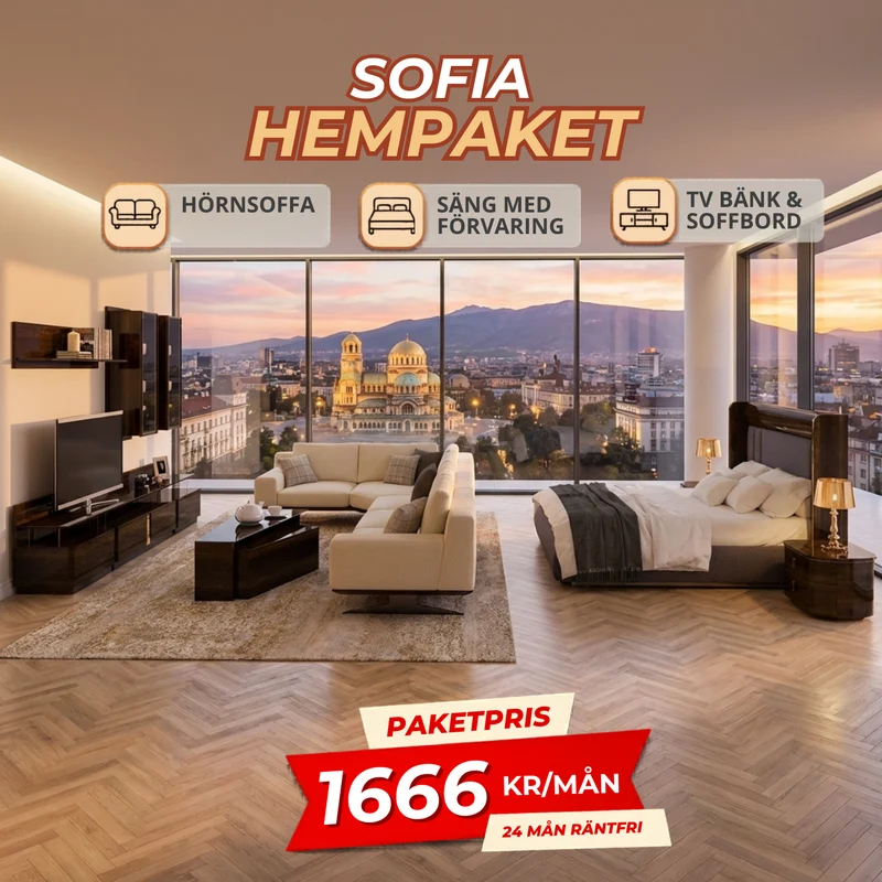 1️⃣4️⃣ SOFIA HemPaket (Elegant Hörnsoffa – Lisa TV-Bänk med överdelen– Soffbord – Favor Säng med förvaring)