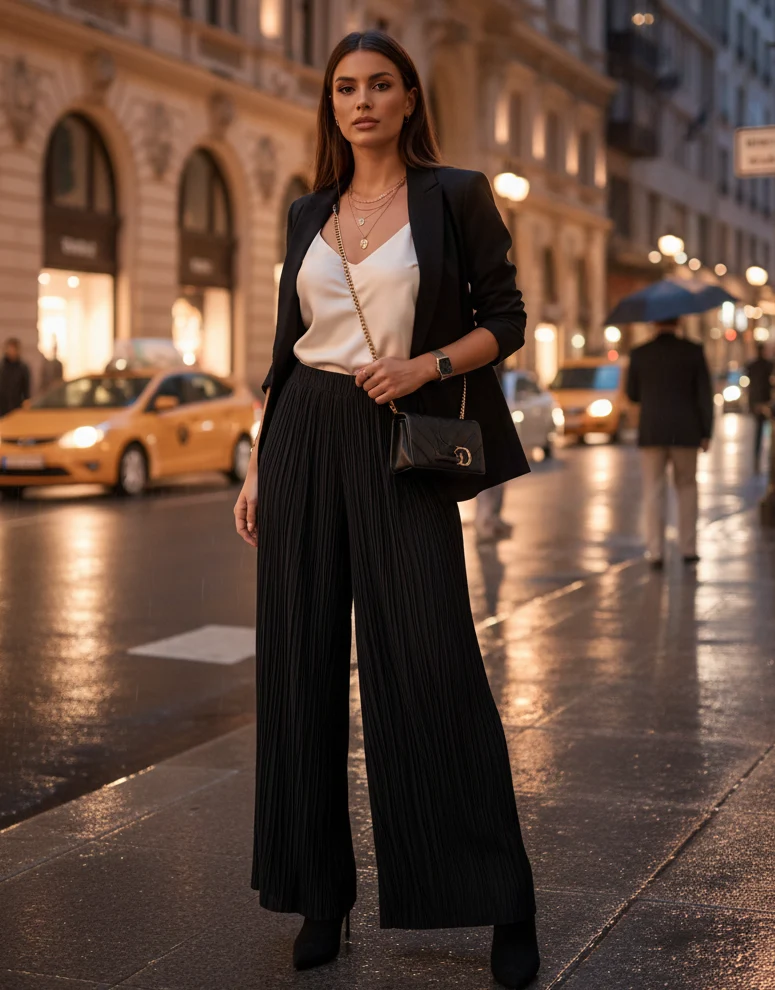 Breda plisserade byxor med viskosfoder Svart
