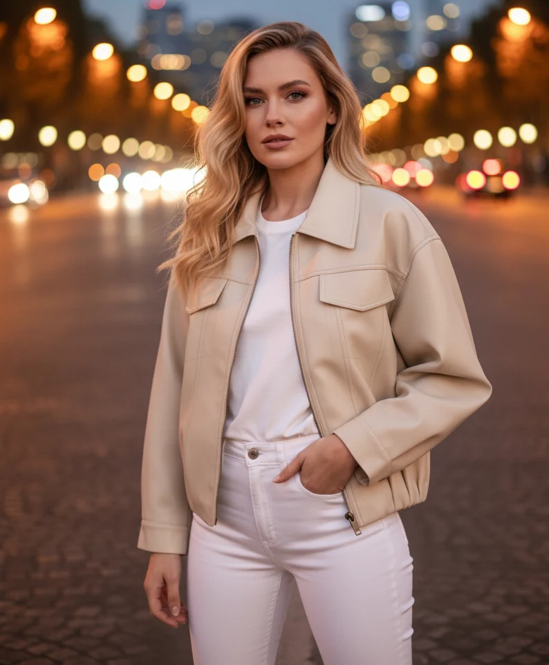 Elegant jacka i konstläder Beige