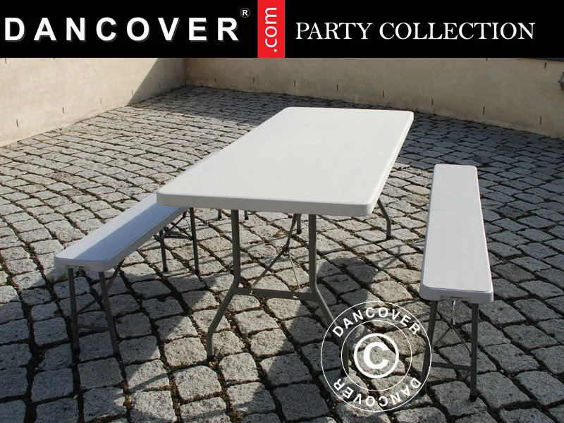 Fest paket,1 fällbord (180cm) + 2 fällbara bänkar (183cm), Ljusgrå