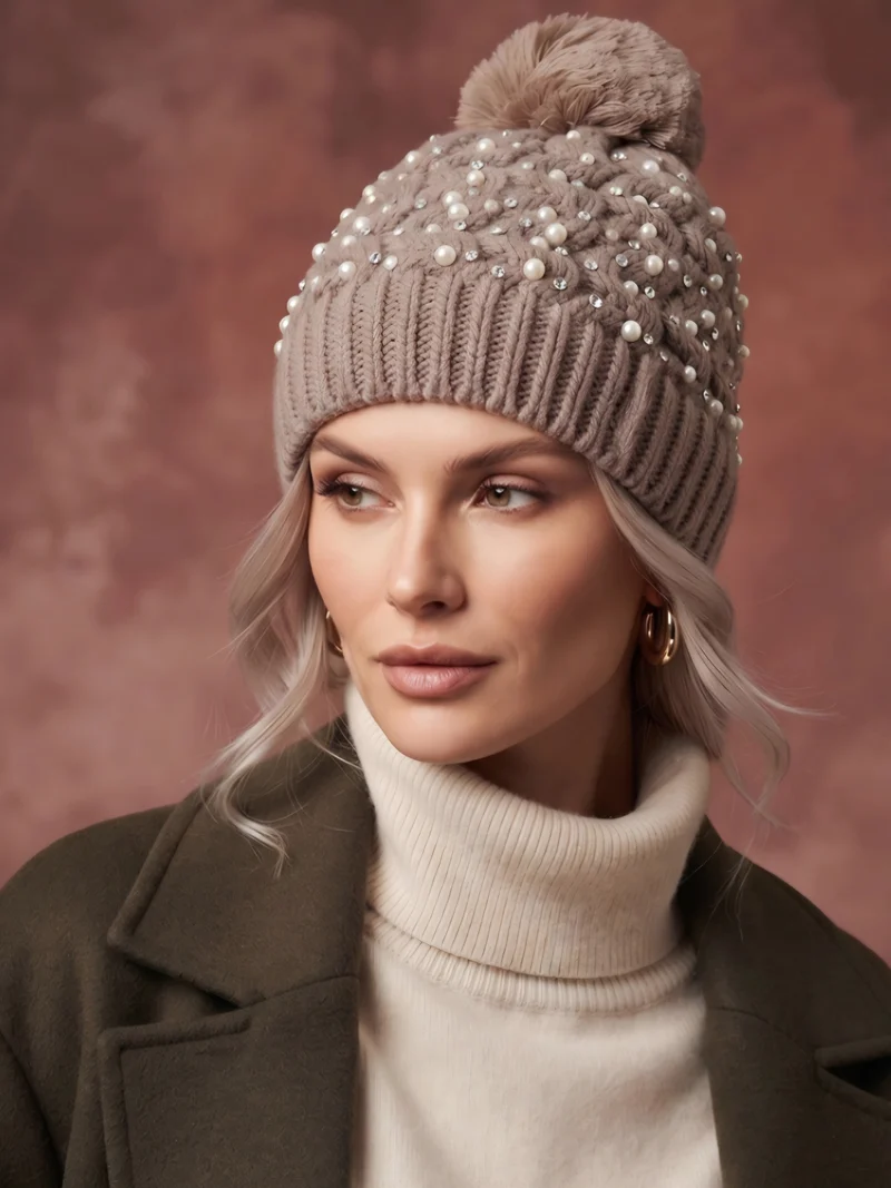 Mössa pärlor & strass Taupe