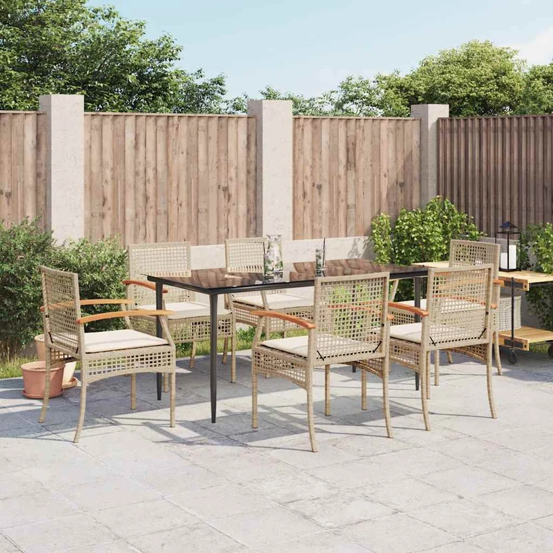 Matgrupp för trädgården med dynor 7 delar beige konstrotting