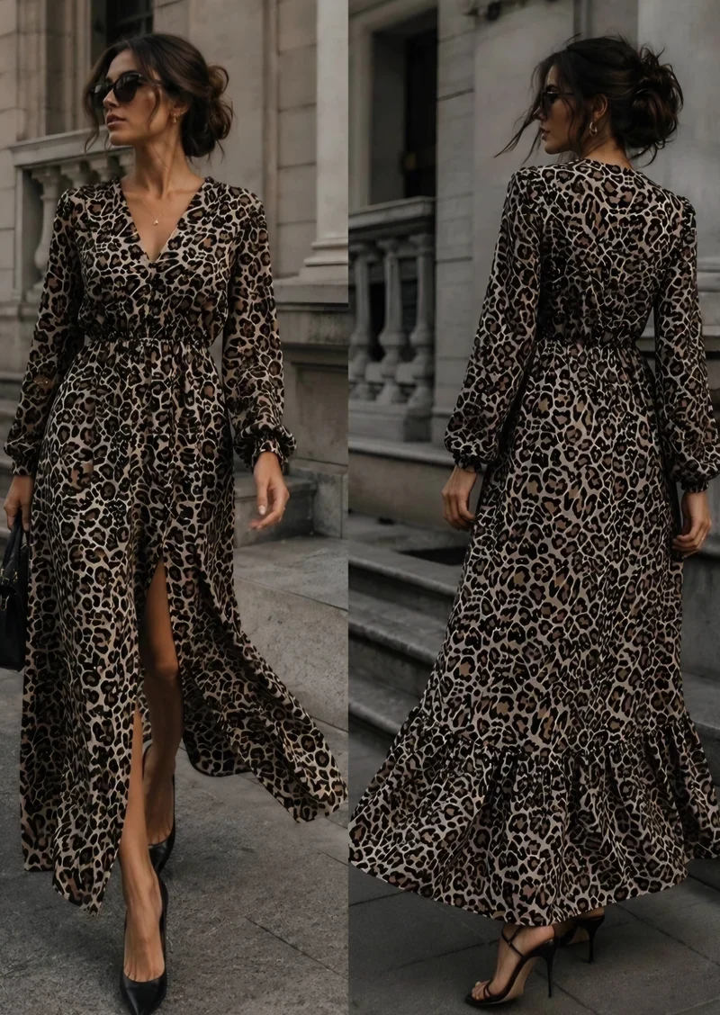Lång mönstrad V-ringad klänning Leopard