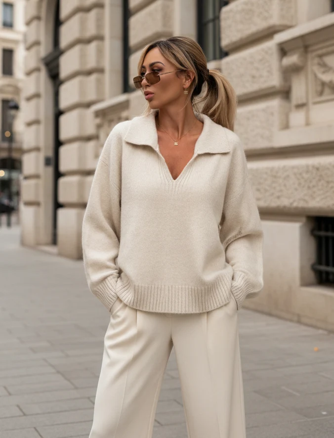 Mjuk stickad tröja med öppen polokrage Beige