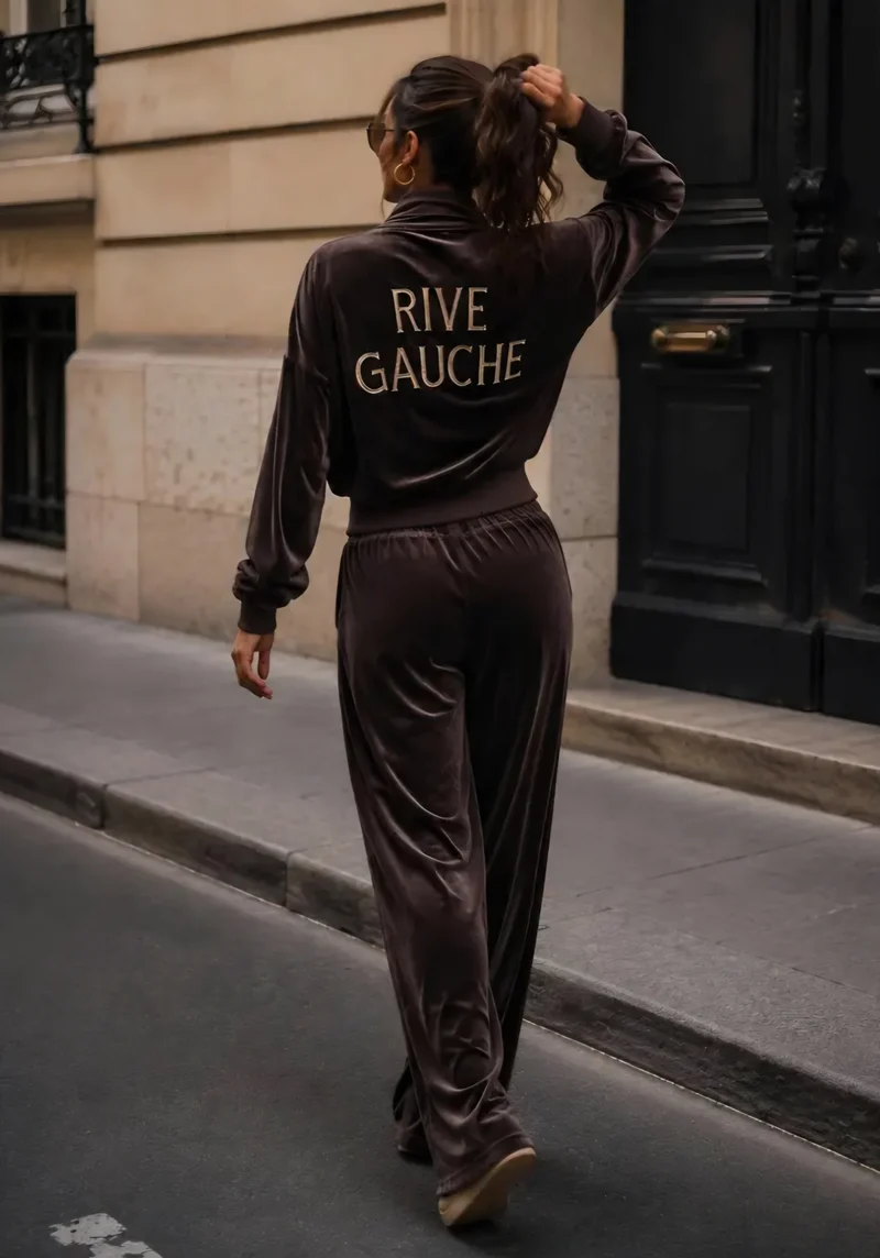 Brun set i sammet Rive Gauche – Jacka med dragkedja och byxor med vida ben
