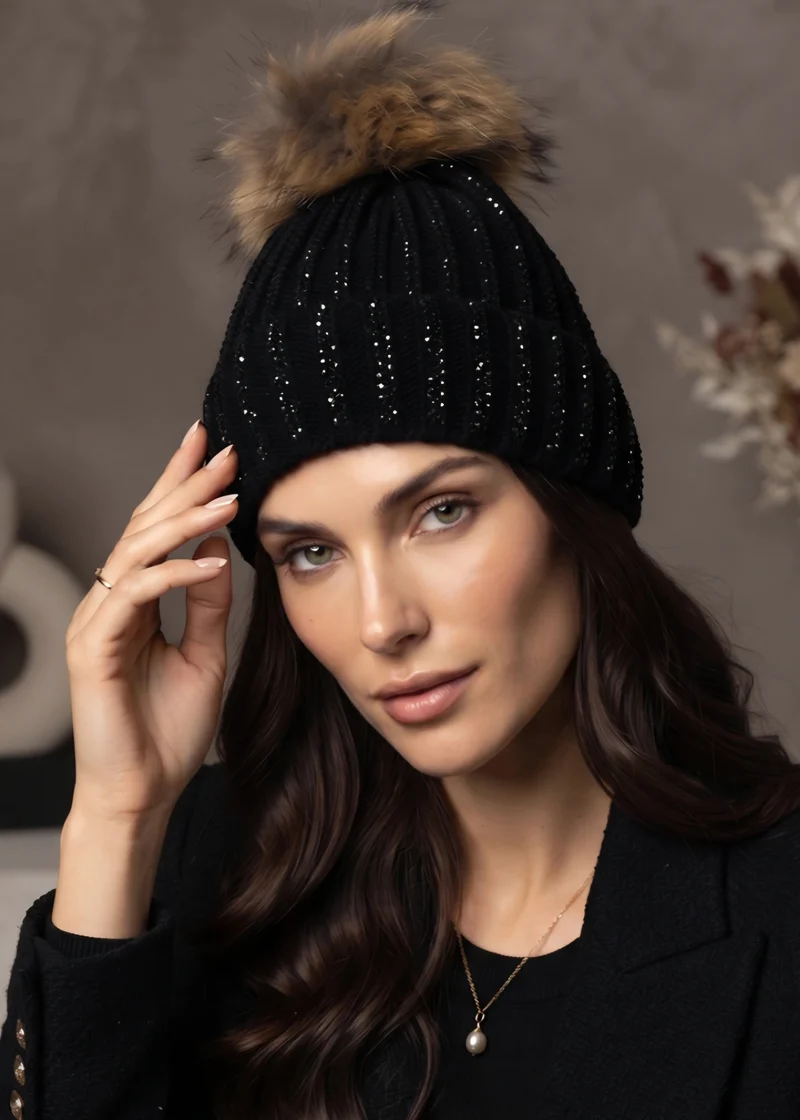 Mössa med pom-pom Strass Svart