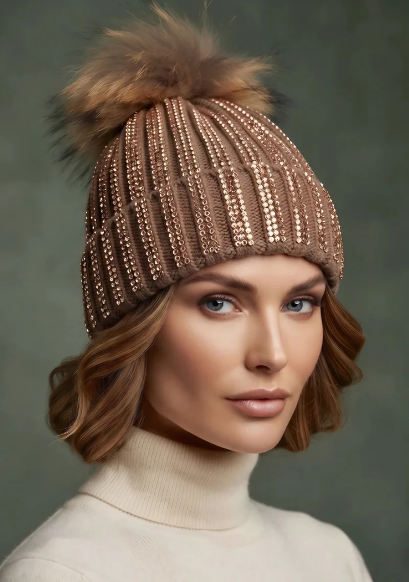 Mössa med pom-pom Strass Taupe