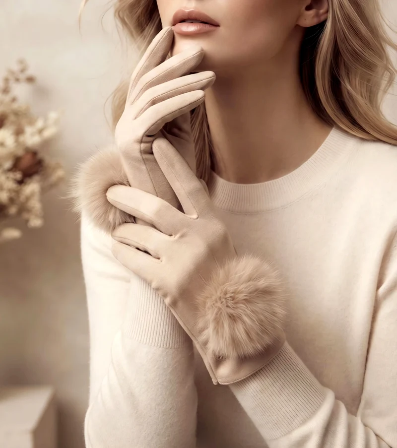 Handskar pompom Beige
