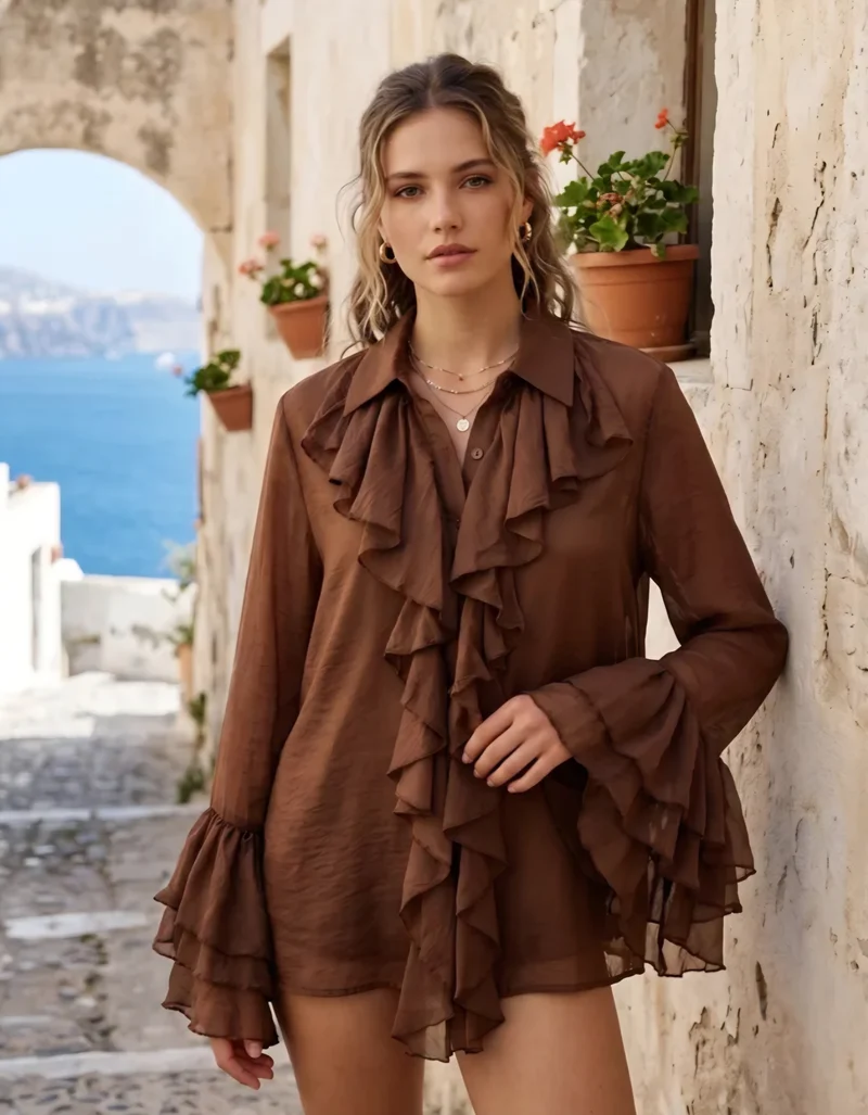 Transparent volang blus Brun