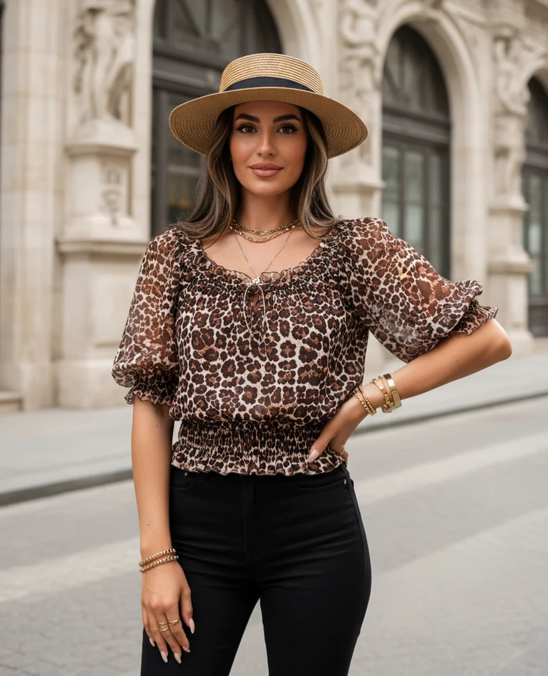 Böljande leopardmönstrad blus Mörk