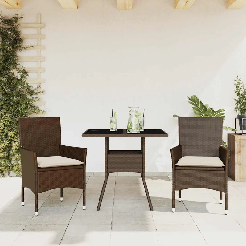 Matgrupp för trädgård med dynor 3 delar brun konstrotting&glas