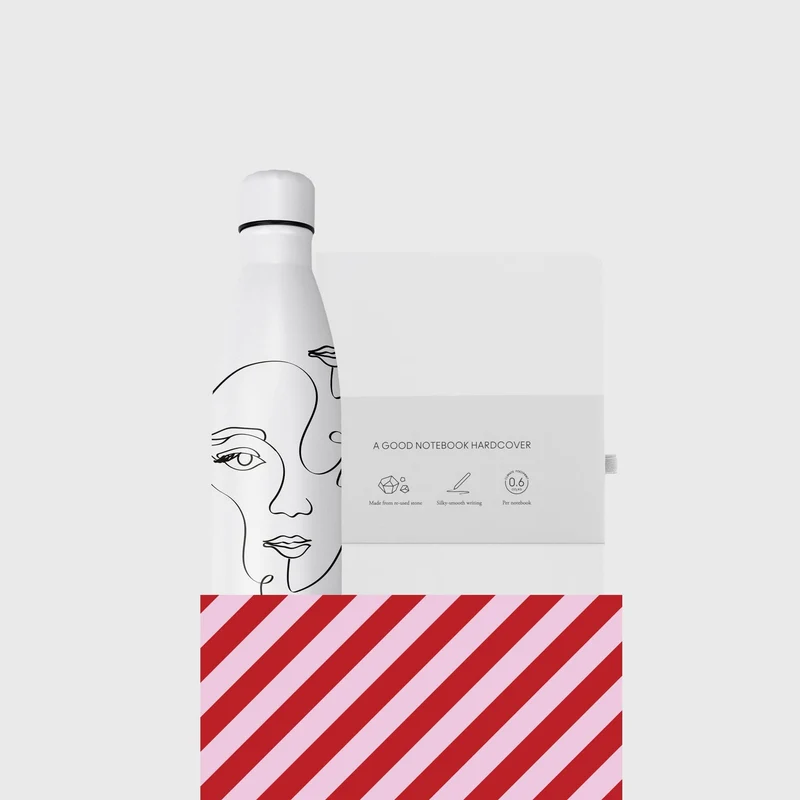 Bundle - Thermal bottle & Stone Paper Notebook, One Line - White