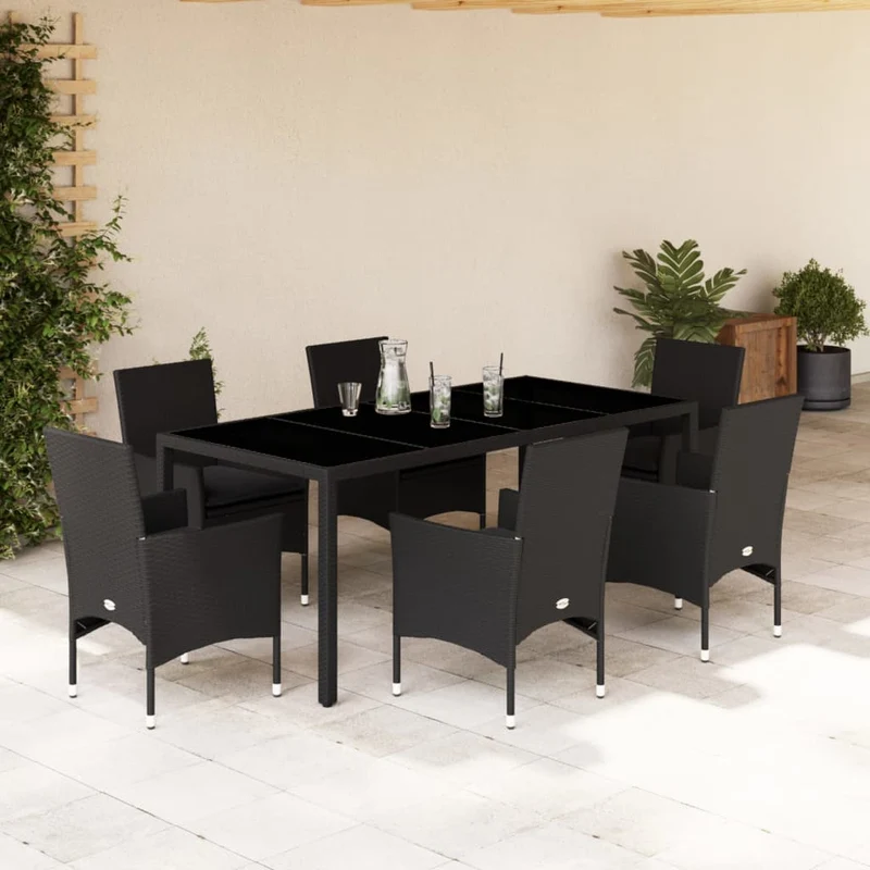 Matgrupp för trädgård med dynor 7 delar svart konstrotting&glas