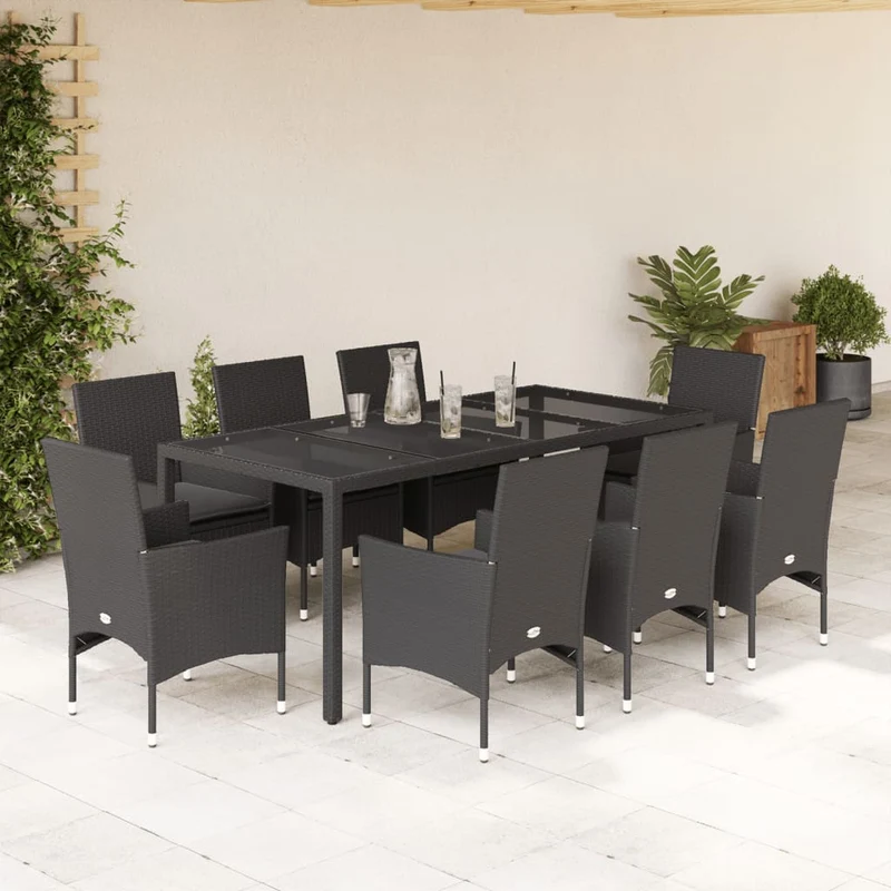 Matgrupp för trädgård med dynor 9 delar svart konstrotting&glas