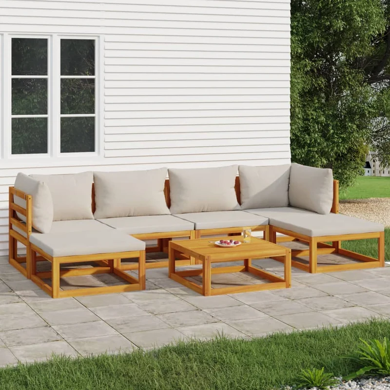 Loungegrupp 7 delar ljusgråa dynor massivt trä